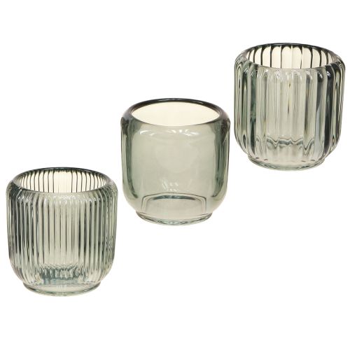 Artículo Portavelas de cristal con decoración de ranuras en gris, 8 cm, 6 unidades