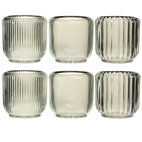 Artículo Portavelas de cristal con decoración de ranuras en gris, 8 cm, 6 unidades