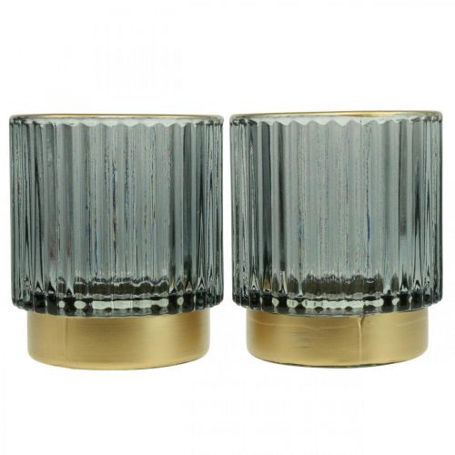 Floristik24 Farol portavelas acanalado de cristal dorado/gris H8cm 2pcs