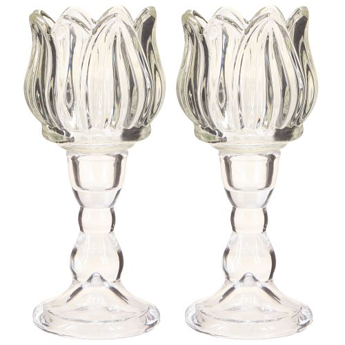 Artículo Portavelas de tulipán de cristal con base transparente Ø7cm H16cm 2uds