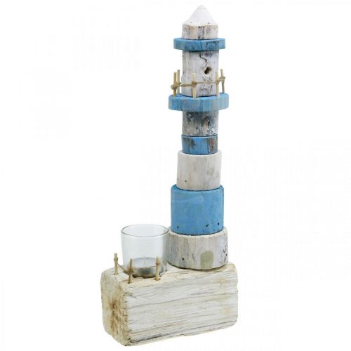 Floristik24 Faro de madera con vela de té de cristal decoración marítima azul, blanco Al. 38 cm