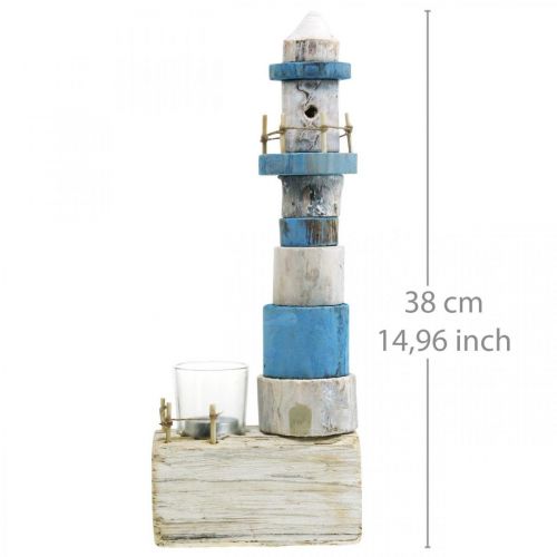 Floristik24 Faro de madera con vela de té de cristal decoración marítima azul, blanco Al. 38 cm