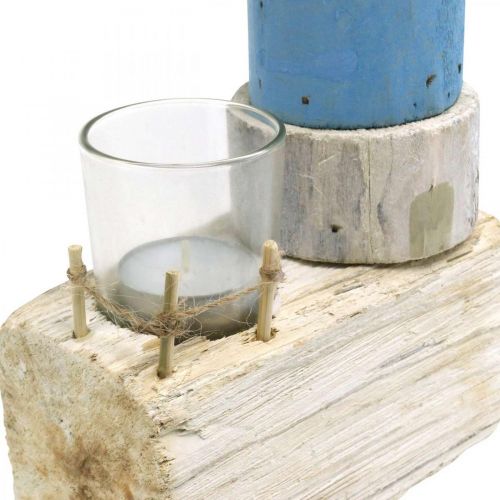 Artículo Faro de madera con vela de té de cristal decoración marítima azul, blanco Al. 38 cm