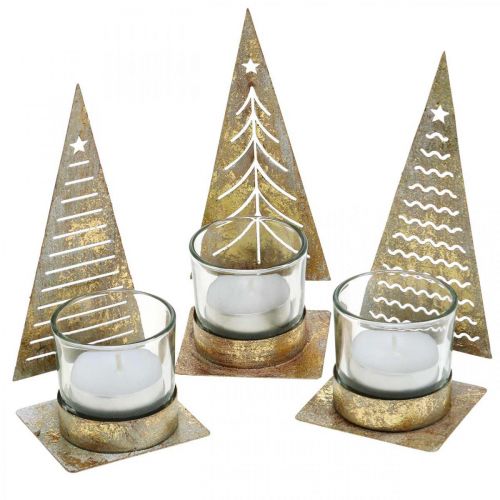 Floristik24 Portavelas árbol de Navidad metal, farol de cristal Al.15cm 3ud