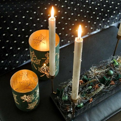 Floristik24 Farol de hojas de metal verde, dorado A20 / 15 / 10cm juego de 3