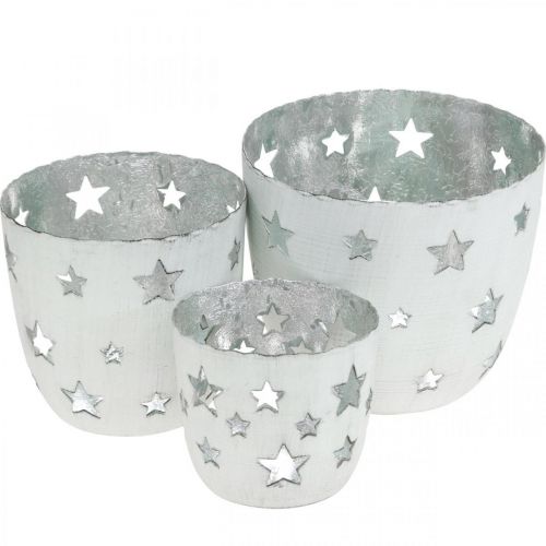 Floristik24 Portavelas decoración navideña blanco con estrellas metal Ø12 / 10 / 8cm juego de 3