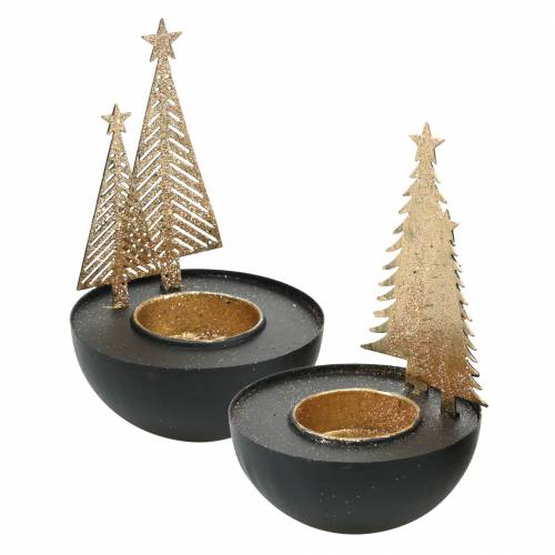 Floristik24 Portavelas de té Navidad abeto brillo negro, dorado Ø8.5cm 2pcs