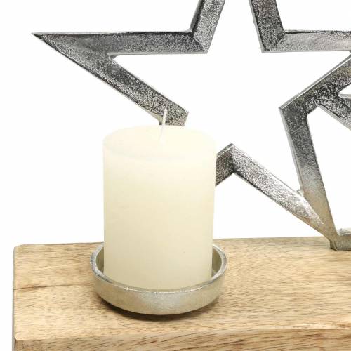 Artículo Candelabro silueta de estrella sobre base de madera plata, metal natural, madera de mango 35cm × 14cm