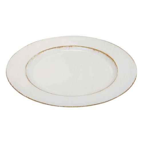 Floristik24 Plato decorativo redondo plástico retro blanco marrón brillo Ø30cm