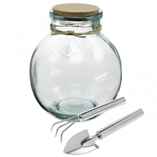 Artículo Juego de botella de jardín de vidrio con tapa de corcho y herramientas Ø21cm H25cm