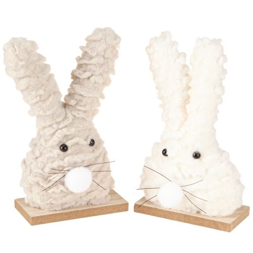 Artículo Conejito de Pascua decorativo de peluche: decoración de Pascua esponjosa en beige y blanco sobre base de madera H18cm 2 uds.