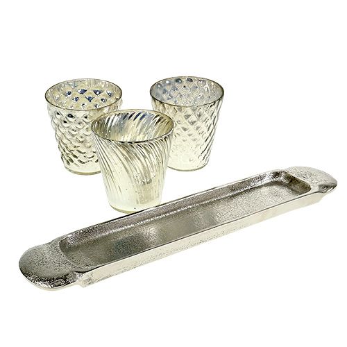 Floristik24 Plato de decoración de mesa con 3 vasos candelitas plateado Ø7cm H8cm