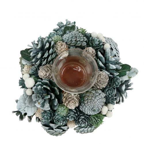 Floristik24 Decoración de mesa corona de conos con candelita verde Ø20cm