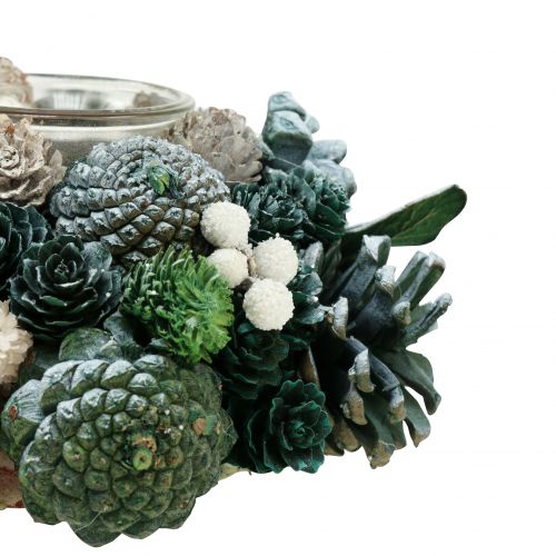 Floristik24 Decoración de mesa corona de conos con candelita verde Ø20cm