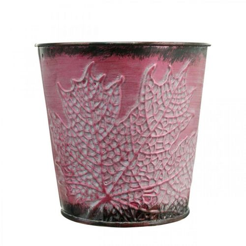 Artículo Jardinera con decoración de hojas, vasija de metal, otoño, macetero vino tinto Ø10cm H10cm