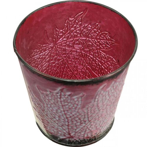 Artículo Jardinera con decoración de hojas, vasija de metal, otoño, macetero vino tinto Ø10cm H10cm