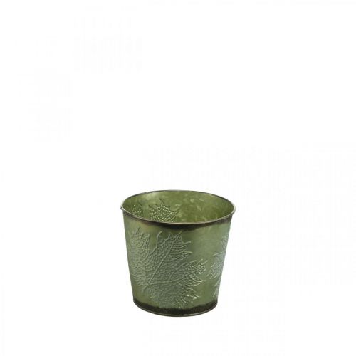 Floristik24 Jardinera con decoración de hojas, recipiente de metal para el otoño, cubo de plantas verde Ø10cm H10cm