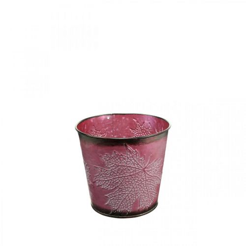 Floristik24 Maceta decorativa para plantar, cubo de hojalata, decoración de metal con patrón de hojas rojo vino Ø14cm H12.5cm