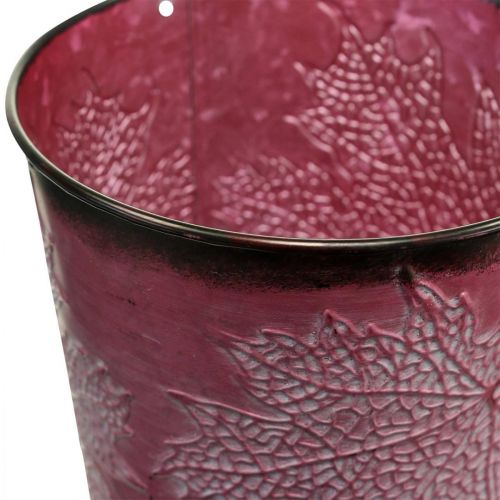 Artículo Maceta decorativa para plantar, cubo de hojalata, decoración de metal con patrón de hojas rojo vino Ø14cm H12.5cm