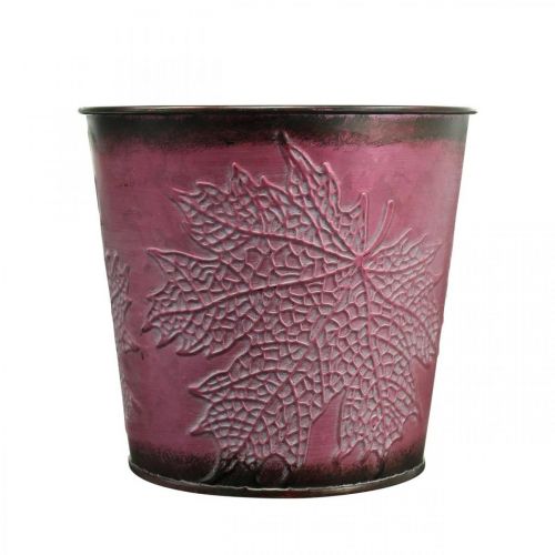 Artículo Maceta decorativa para plantar, cubo de hojalata, decoración de metal con patrón de hojas rojo vino Ø14cm H12.5cm