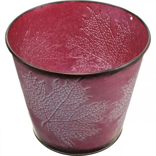 Artículo Macetero con decoración de hojas, decoración de otoño, macetero de metal rojo vino Ø16,5 cm H14,5 cm