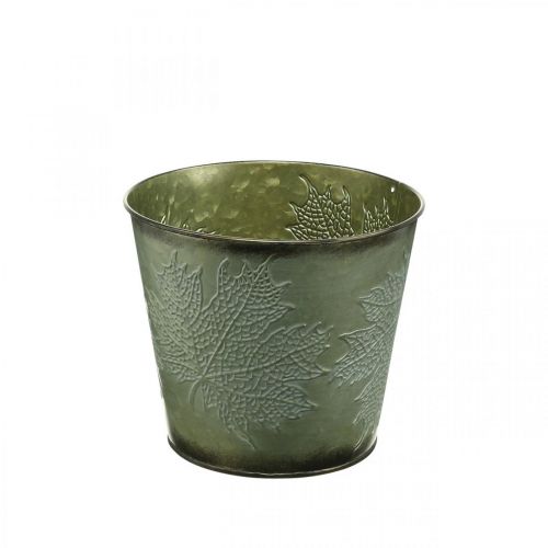 Floristik24 Cubo decorativo con decoración de hojas, maceta de otoño, decoración de metal verde Ø17cm H14.5cm