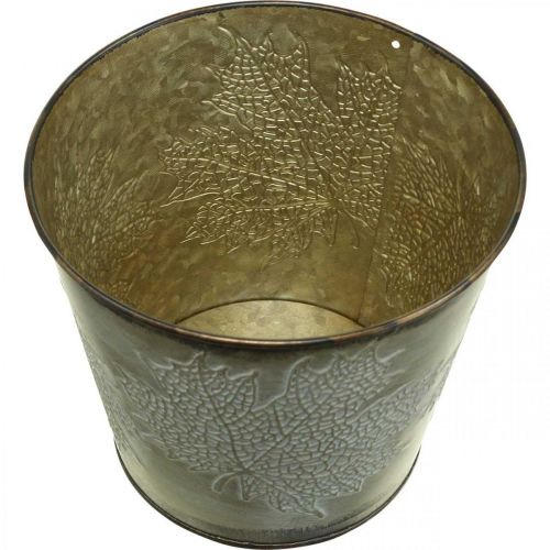 Artículo Cubo para plantas con decoración de hojas, recipiente de metal, dorado otoñal Ø18cm H17cm