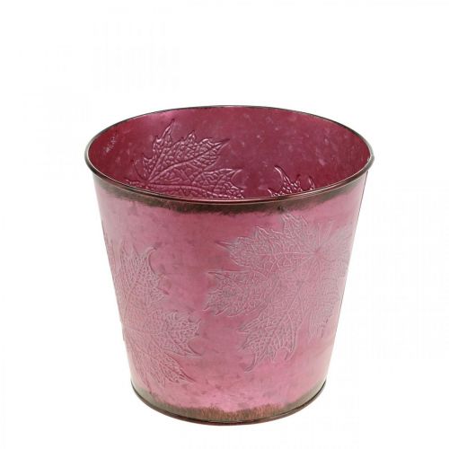 Artículo Jardinera, cubo de metal con hojas, decoración otoñal vino tinto Ø18cm H17cm