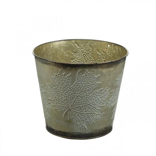 Artículo Cubo para plantas con decoración de hojas, recipiente de metal, dorado otoñal Ø18cm H17cm