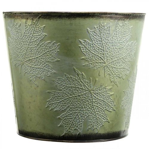 Artículo Jardinera, maceta de metal con hojas de arce, decoración otoñal verde Ø25.5cm H22cm