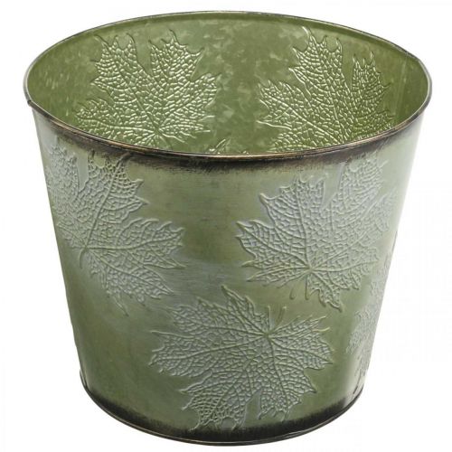 Artículo Jardinera, maceta de metal con hojas de arce, decoración otoñal verde Ø25.5cm H22cm