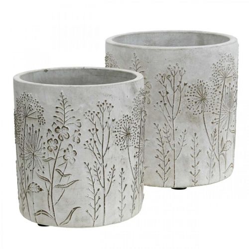 Floristik24 Florero florero blanco de hormigón con flores en relieve Ø12,5cm 2uds