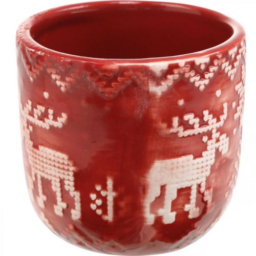 Artículo Decoración de cerámica con reno, decoración de Adviento, jardinera con motivo noruego rojo / blanco Ø7,5cm H7cm 6pzs