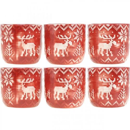 Floristik24 Decoración de cerámica con reno, decoración de Adviento, jardinera con motivo noruego rojo / blanco Ø7,5cm H7cm 6pzs
