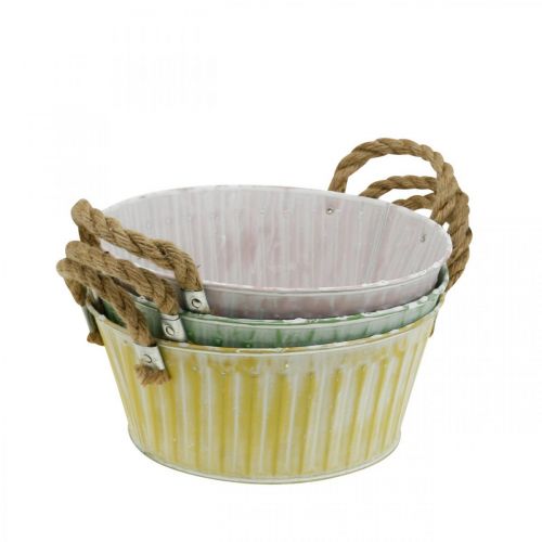 Artículo Cuenco para plantas de metal, cuenco para flores, macetero con asas rosa/verde/amarillo shabby chic Ø22cm H9.5cm juego de 3