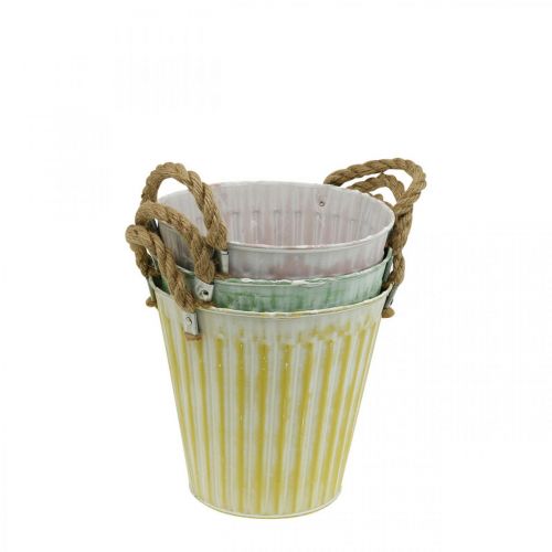 Floristik24 Cubo para plantas, maceta de metal con asas, macetero decorativo para plantar rosa/verde/amarillo shabby chic Ø12cm H10cm set de 3