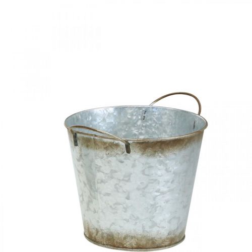 Floristik24 Macetero decorativo con asas, cubo de plantas, recipiente de metal plateado, patina Ø17cm H16.5cm