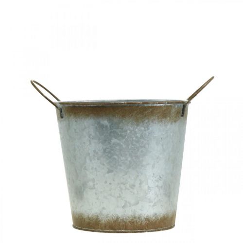 Artículo Macetero de metal, florero, macetero con asas plata, patina Ø18cm H20cm