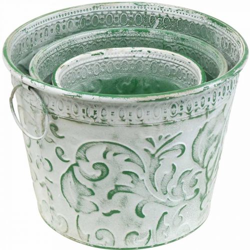 Artículo Macetas de metal con asas, maceteros con relieve blanco, verde shabby chic H20,5/18,5/16cm Ø25,5/20,5/15,5cm juego de 3