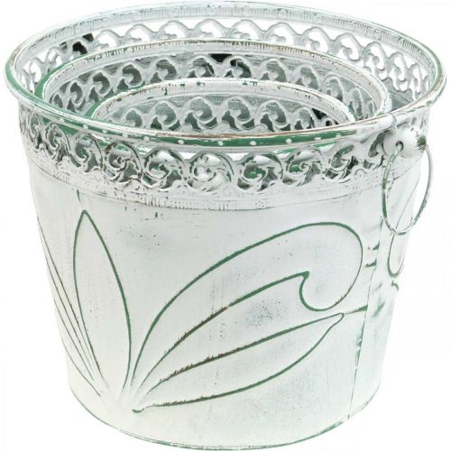 Artículo Tina de hojalata con relieve, macetero con asas blanco, verde shabby chic H22/19,5/17,5cm Ø25,5/20,5/15,5cm set de 3