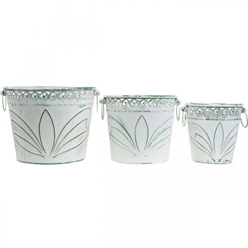Artículo Tina de hojalata con relieve, macetero con asas blanco, verde shabby chic H22/19,5/17,5cm Ø25,5/20,5/15,5cm set de 3