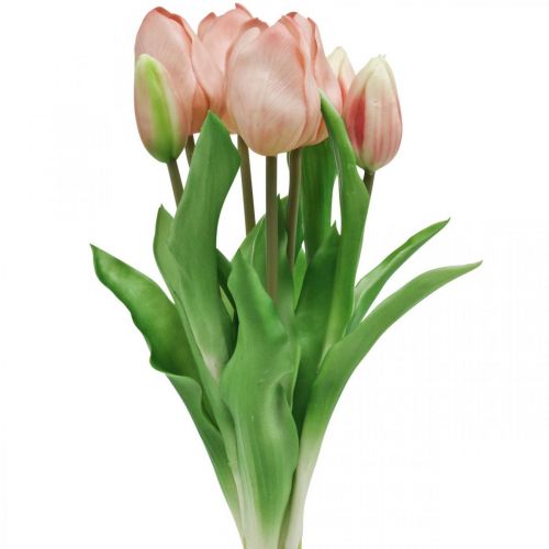 Floristik24 Tulipanes artificiales Real-Touch rosa melocotón 38cm manojo de 7 piezas