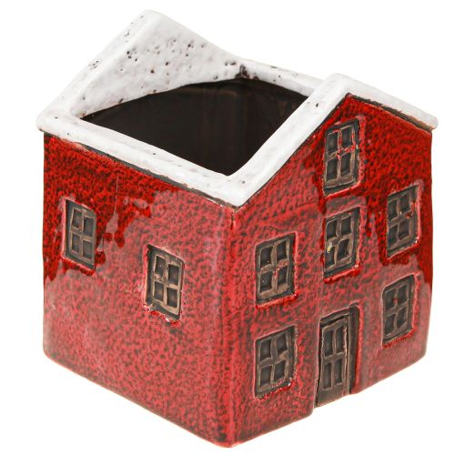 Jardinera de cerámica casa Adviento roja y blanca 10×10×12cm