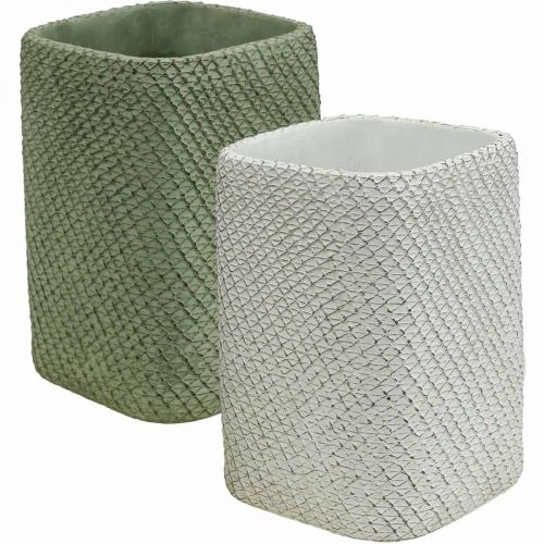 Artículo Jardinera cerámica blanco verde malla relieve 14x14cm H21.5cm 2pcs