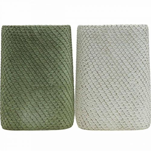 Artículo Jardinera cerámica blanco verde malla relieve 14x14cm H21.5cm 2pcs