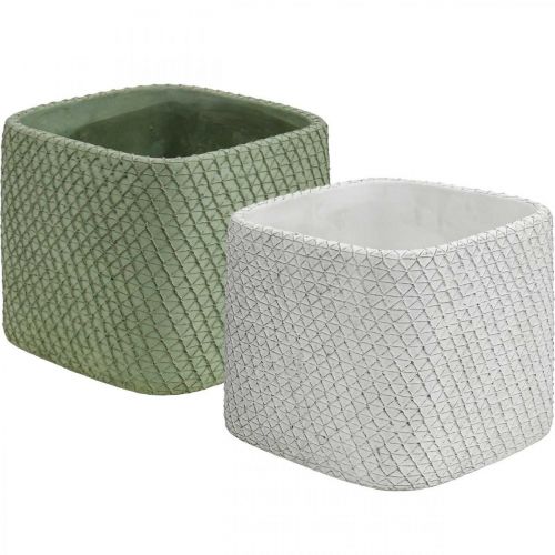 Artículo Jardinera cerámica blanco verde malla relieve 17x17cm H15cm 2pcs