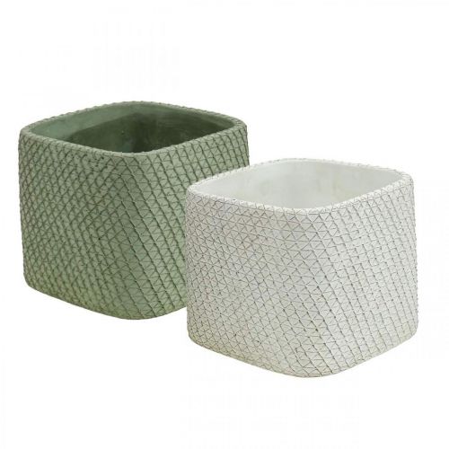 Jardinera cerámica blanco verde malla relieve 13,5x13,5cm Alt.13cm 2uds