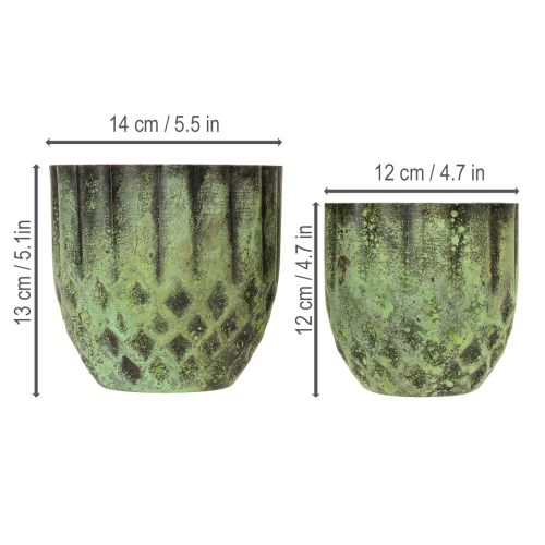 Artículo Maceta metálica vintage, verde, Ø14/12cm, juego de 2