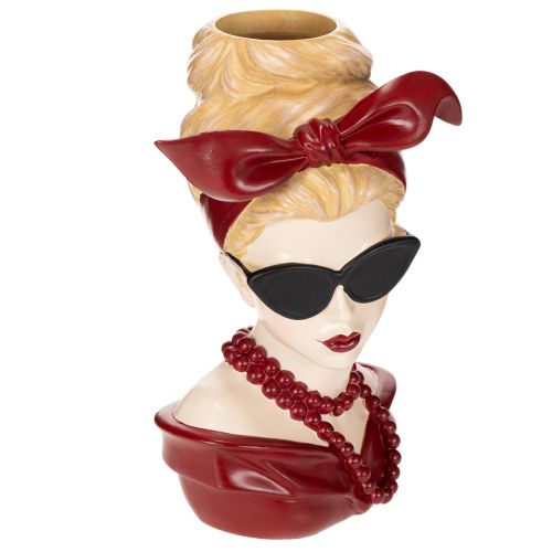 Jarrón con forma de cabeza de mujer con gafas de sol y collar de perlas, 30 cm.