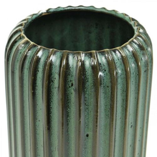 Artículo Florero de cerámica, decoraciones de mesa, florero decorativo acanalado verde, marrón Ø10.5cm H21.5cm